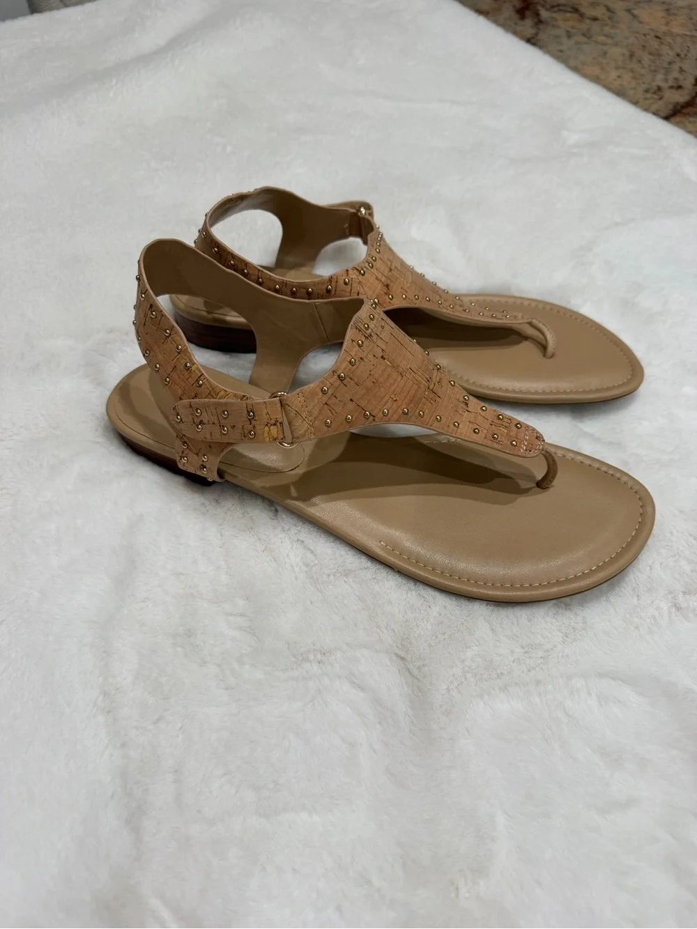 Vaneli Tan Cork T-Strap Studded Sandals Size 10